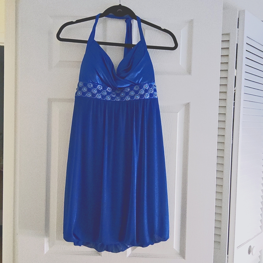 Sequin Hearts Blue Pleated Halter Mini Dress for Weddings